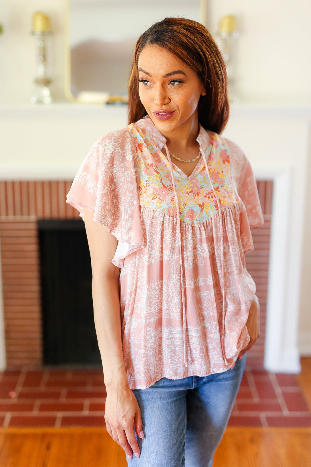 Blush Paisley Floral Yoke Tie Neck Tops | Nikki &amp; Co. Boutique