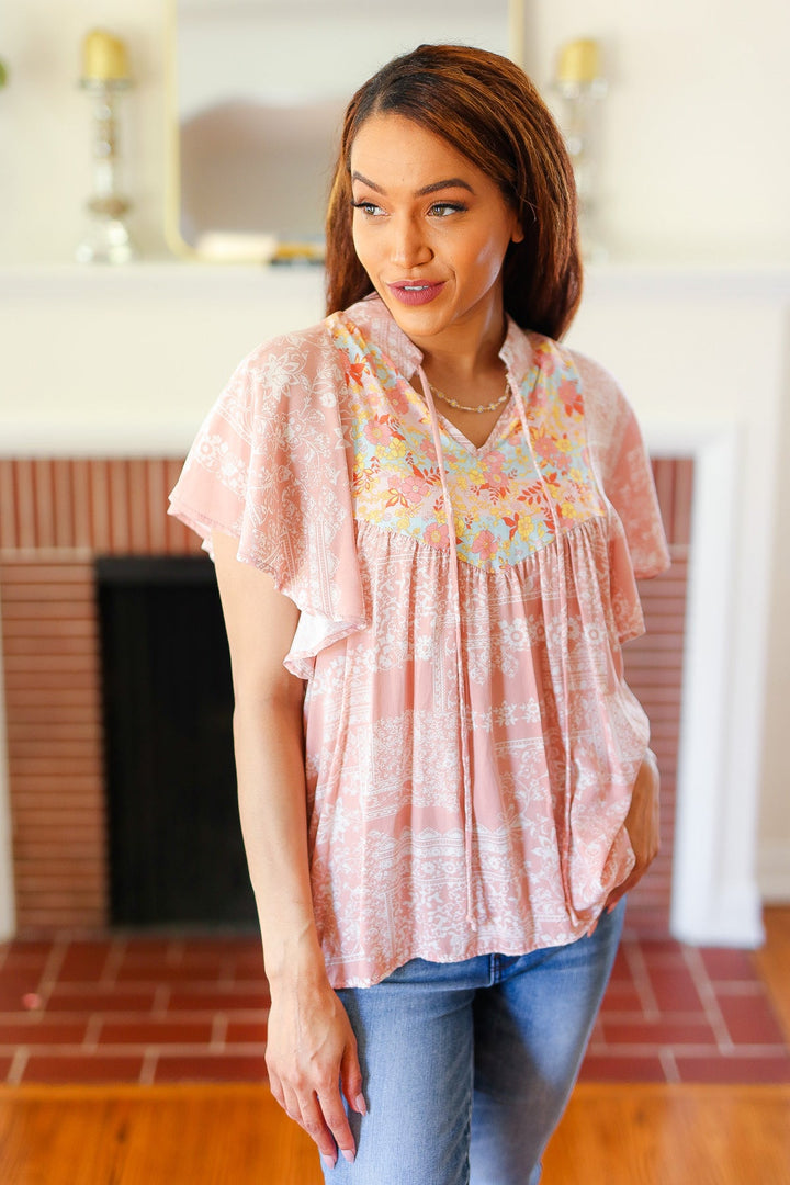 Blush Paisley Floral Yoke Tie Neck Tops | Nikki &amp; Co. Boutique