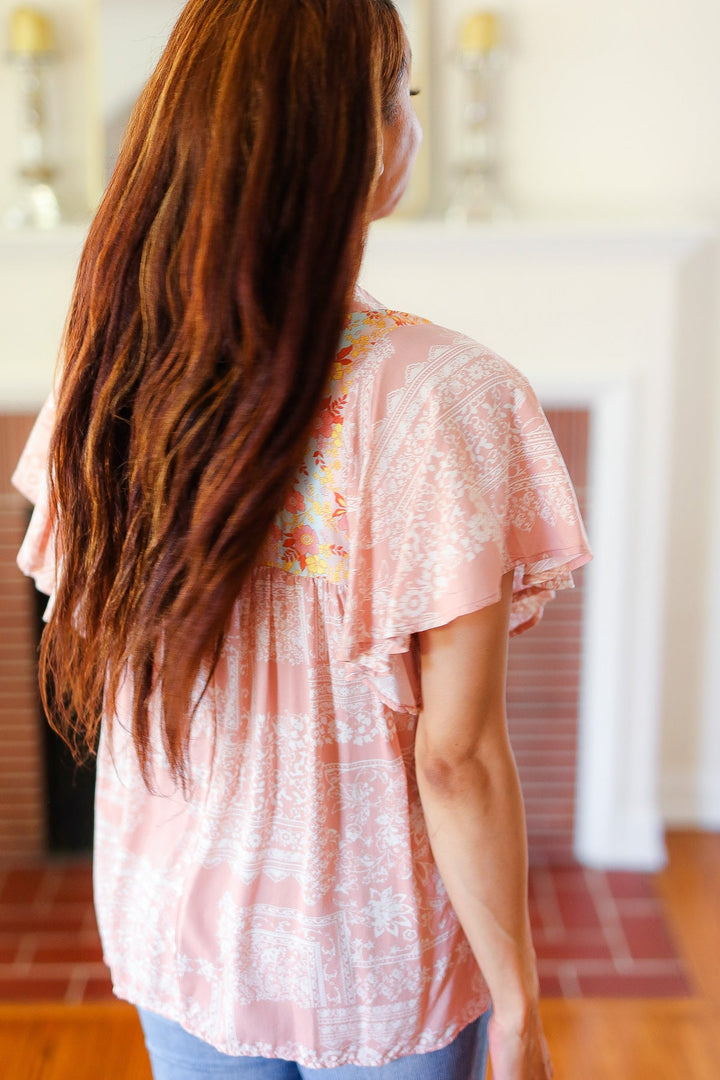 Blush Paisley Floral Yoke Tie Neck Tops | Nikki &amp; Co. Boutique