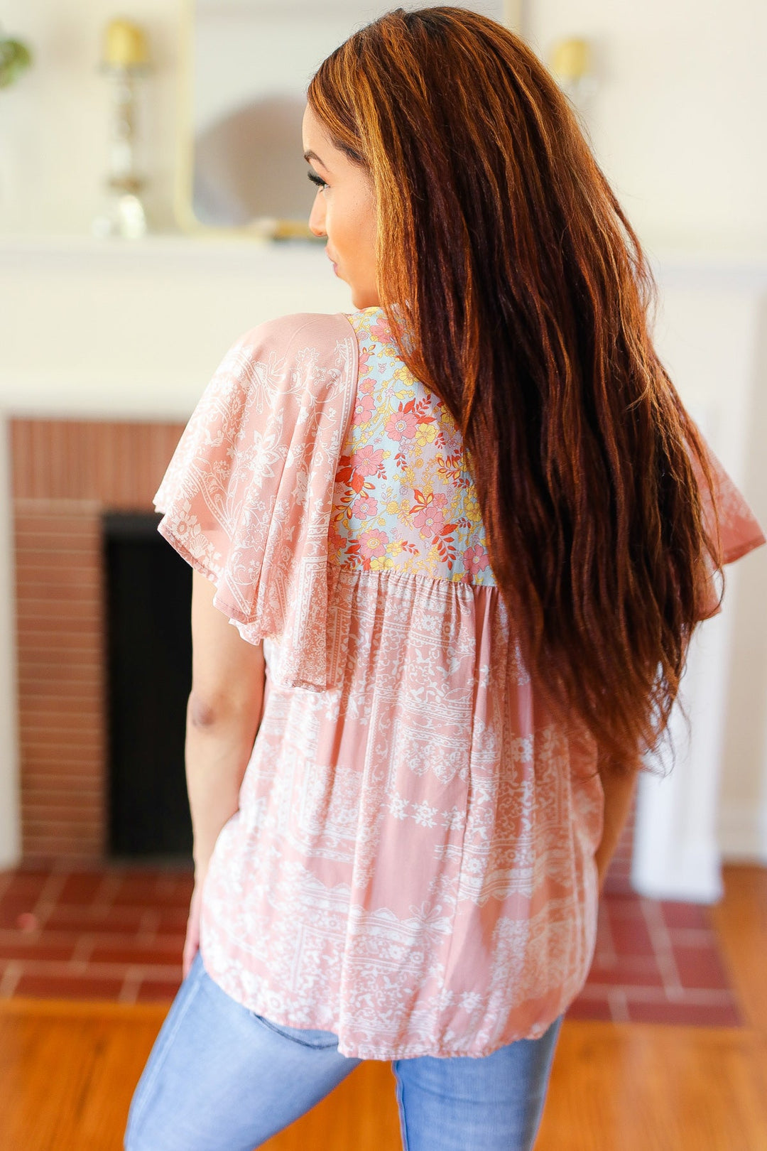 Blush Paisley Floral Yoke Tie Neck Tops | Nikki &amp; Co. Boutique