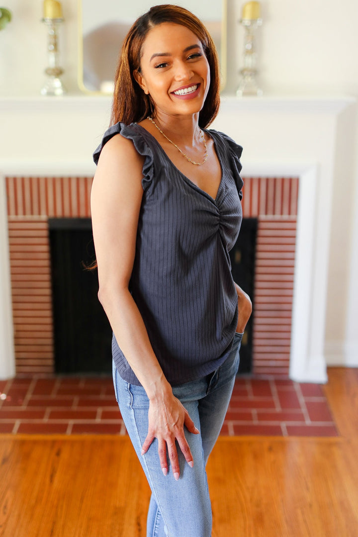 Sunny Days Charcoal Sweetheart Neckline Ribbed Tops | Nikki &amp; Co. Boutique