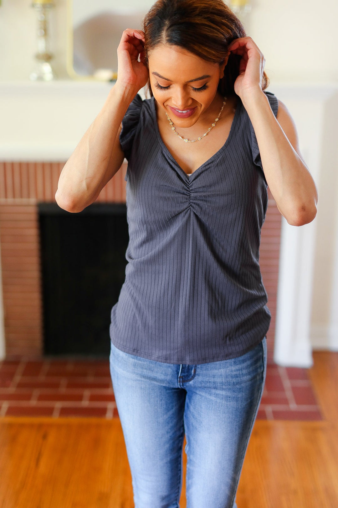 Sunny Days Charcoal Sweetheart Neckline Ribbed Tops | Nikki &amp; Co. Boutique