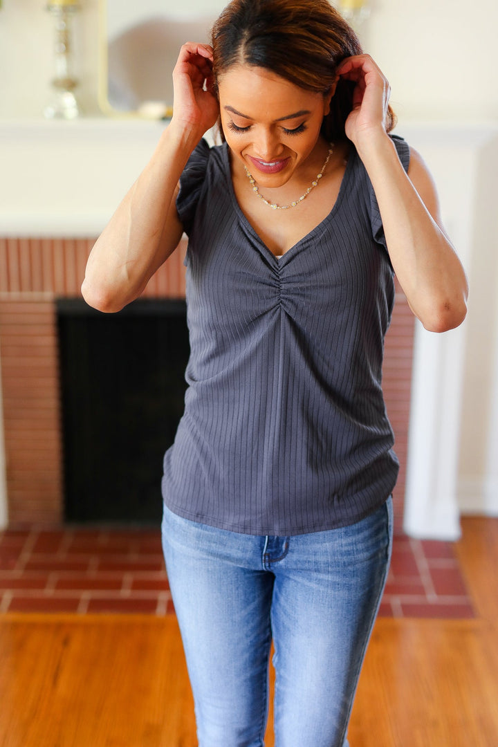 Sunny Days Charcoal Sweetheart Neckline Ribbed Tops | Nikki &amp; Co. Boutique