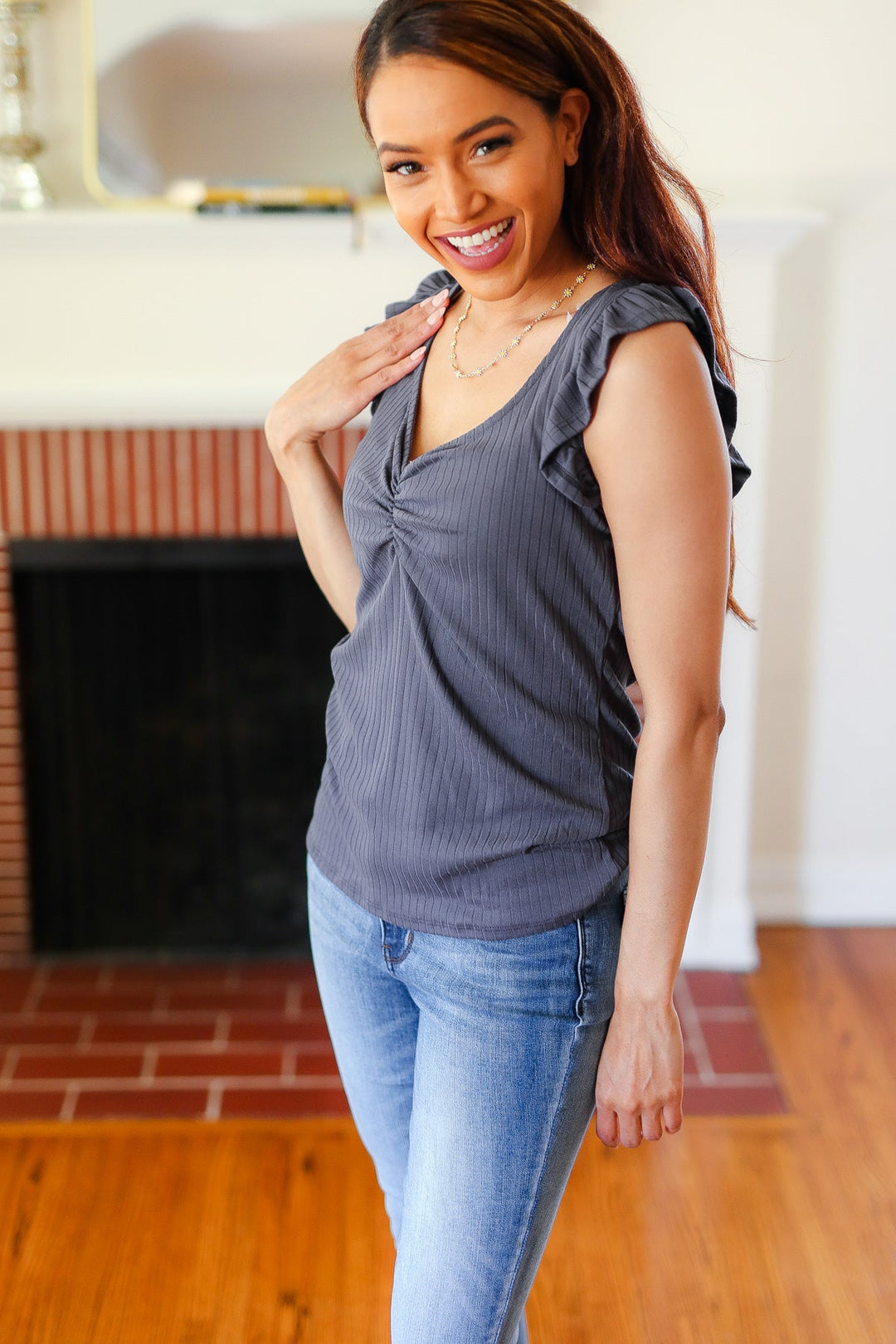 Sunny Days Charcoal Sweetheart Neckline Ribbed Tops | Nikki &amp; Co. Boutique