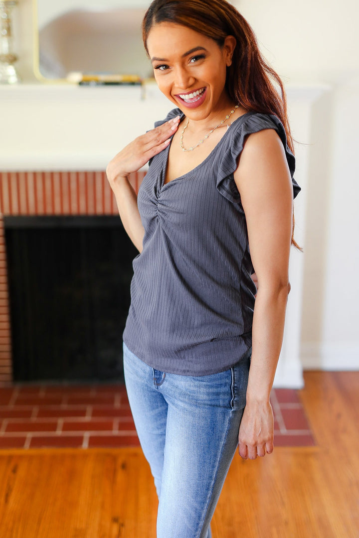 Sunny Days Charcoal Sweetheart Neckline Ribbed Tops | Nikki &amp; Co. Boutique