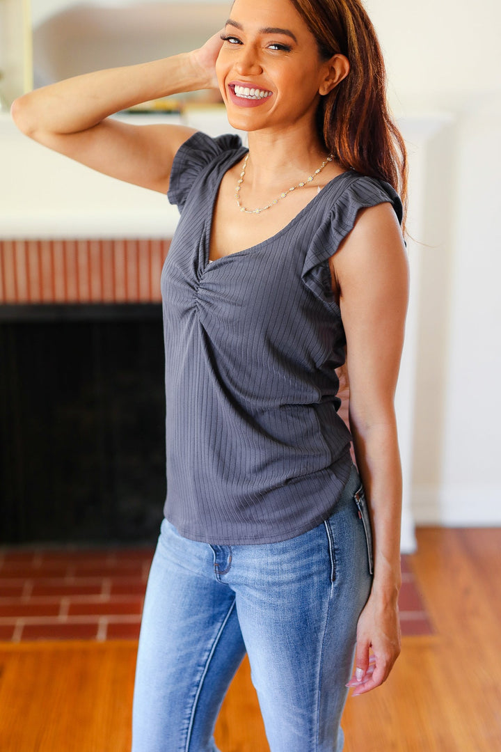 Sunny Days Charcoal Sweetheart Neckline Ribbed Tops | Nikki &amp; Co. Boutique