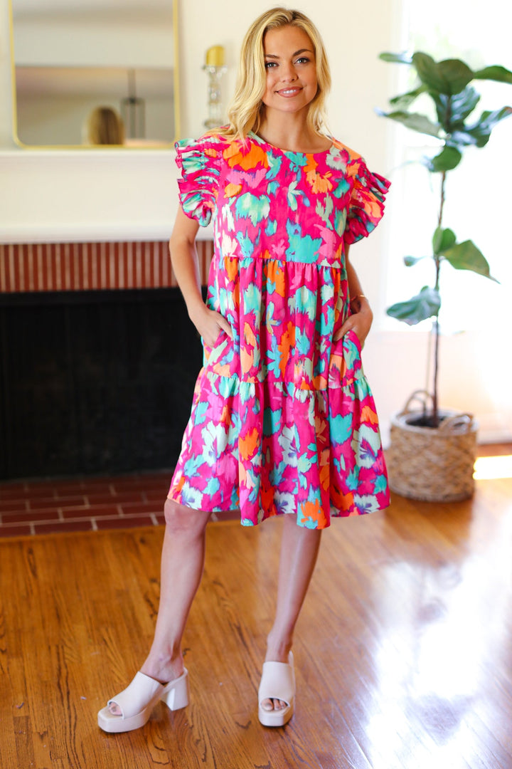 Look of Love Fuchsia Abstract Floral Print Smocked Ruffle Sleeve Dress | Nikki &amp; Co. Boutique
