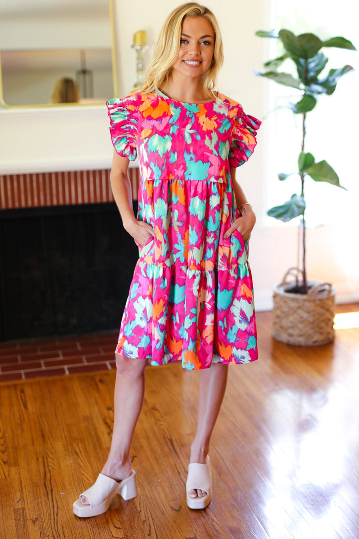 Look of Love Fuchsia Abstract Floral Print Smocked Ruffle Sleeve Dress | Nikki &amp; Co. Boutique