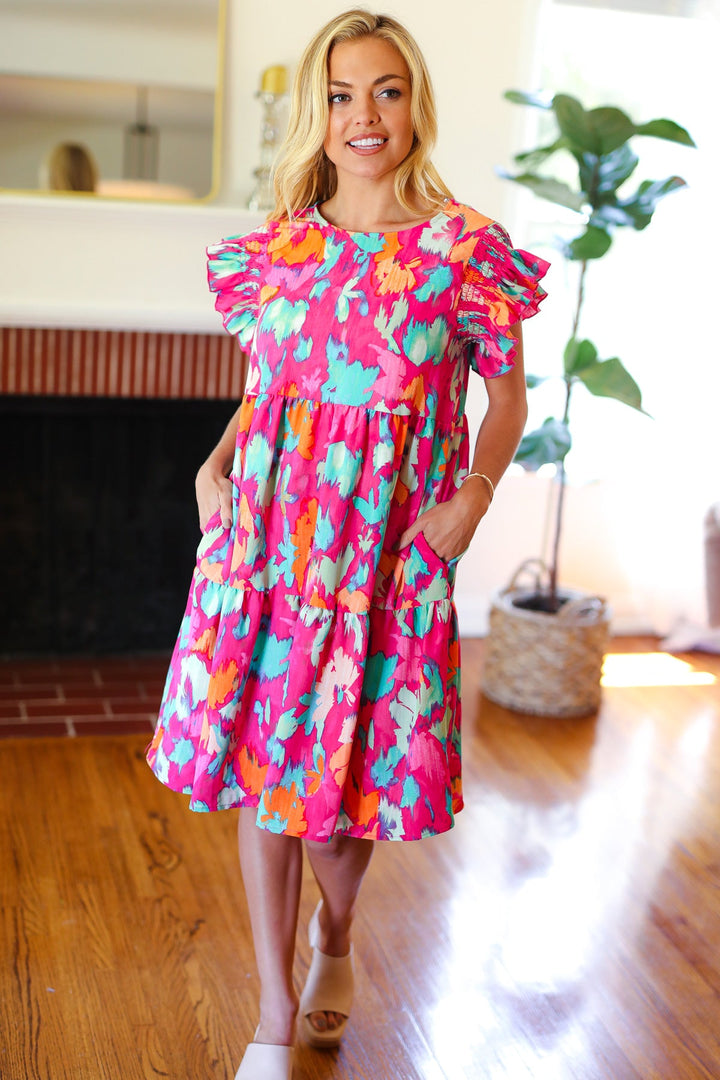 Look of Love Fuchsia Abstract Floral Print Smocked Ruffle Sleeve Dress | Nikki &amp; Co. Boutique