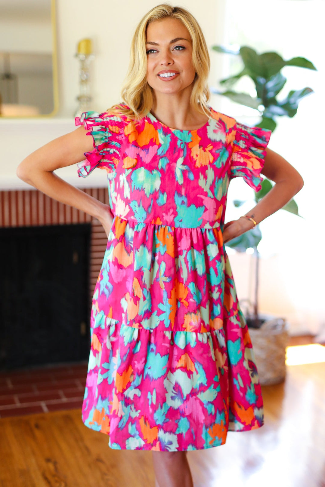 Look of Love Fuchsia Abstract Floral Print Smocked Ruffle Sleeve Dress | Nikki &amp; Co. Boutique