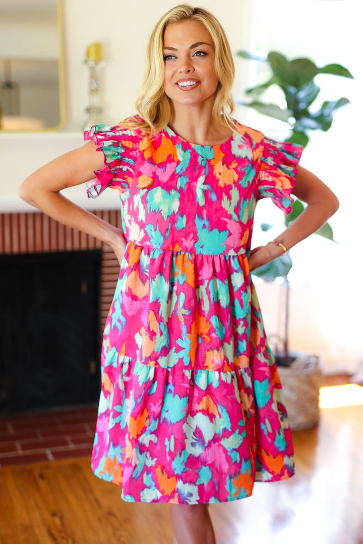 Look of Love Fuchsia Abstract Floral Print Smocked Ruffle Sleeve Dress | Nikki &amp; Co. Boutique