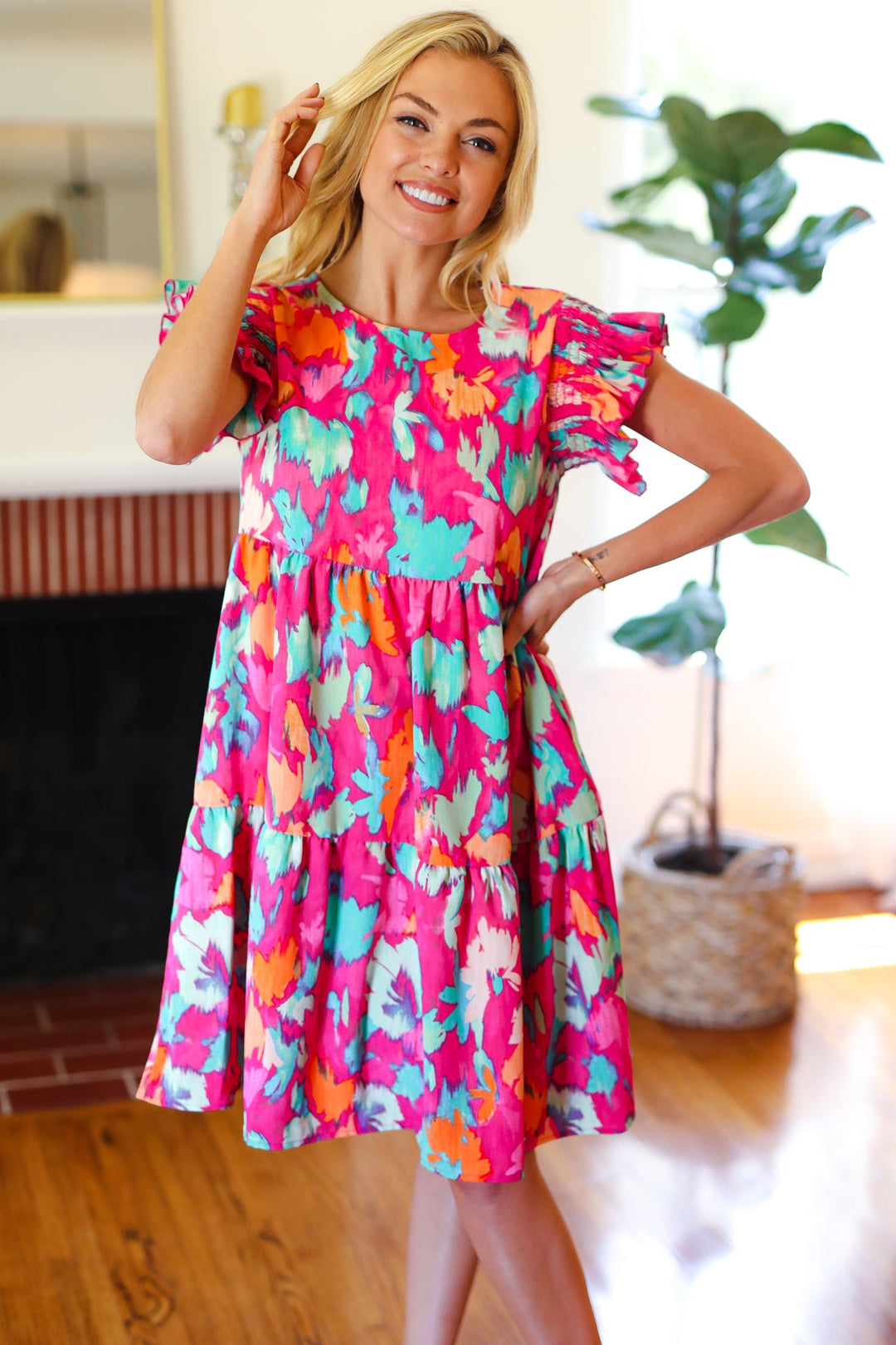 Look of Love Fuchsia Abstract Floral Print Smocked Ruffle Sleeve Dress | Nikki &amp; Co. Boutique