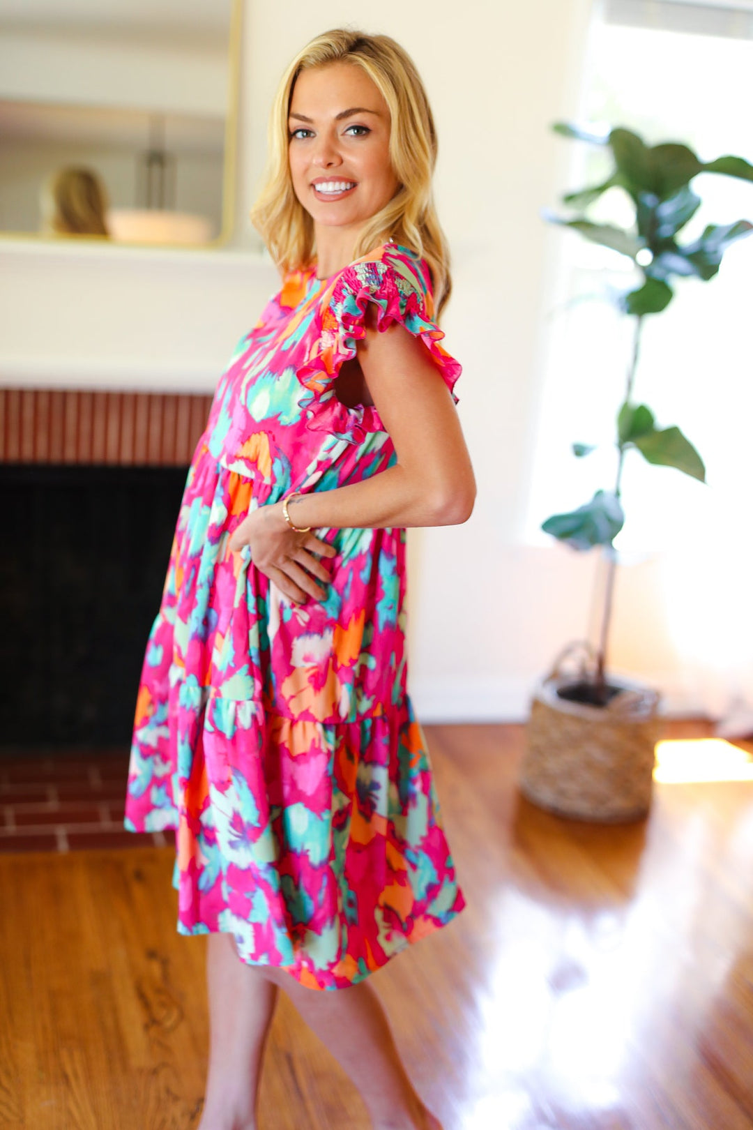 Look of Love Fuchsia Abstract Floral Print Smocked Ruffle Sleeve Dress | Nikki &amp; Co. Boutique