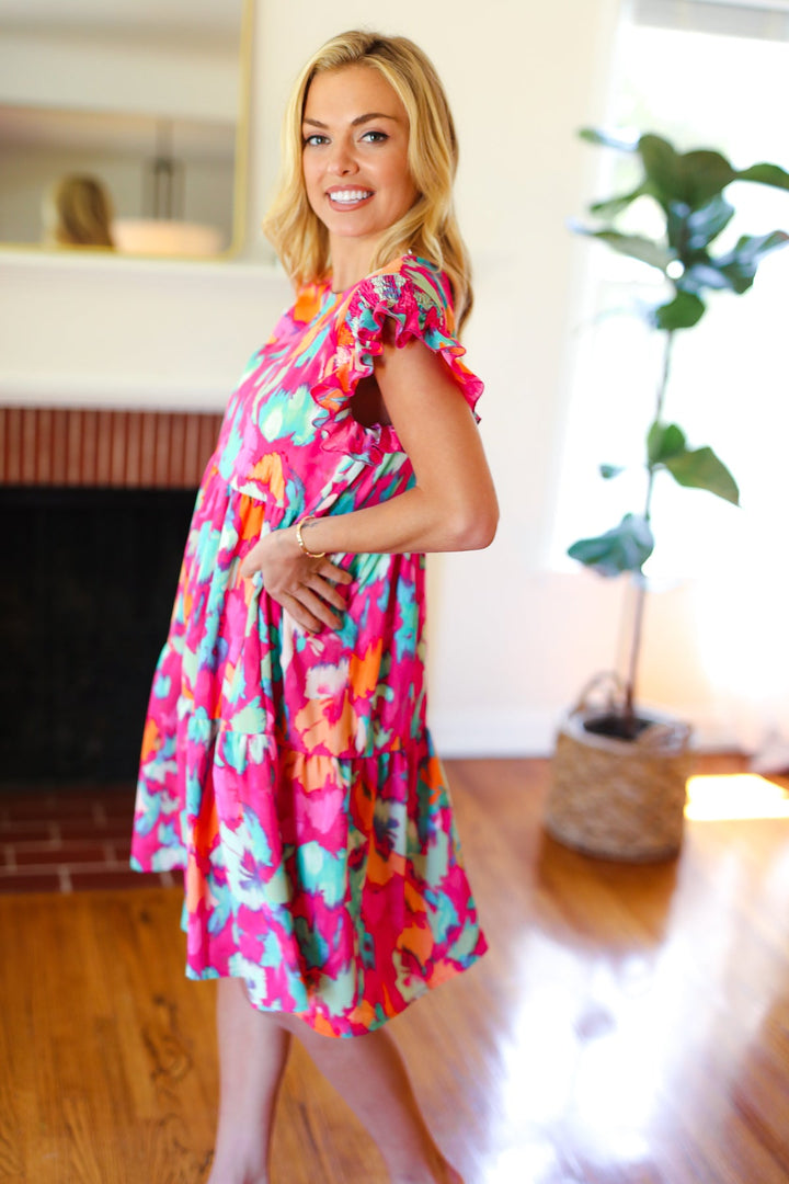 Look of Love Fuchsia Abstract Floral Print Smocked Ruffle Sleeve Dress | Nikki &amp; Co. Boutique