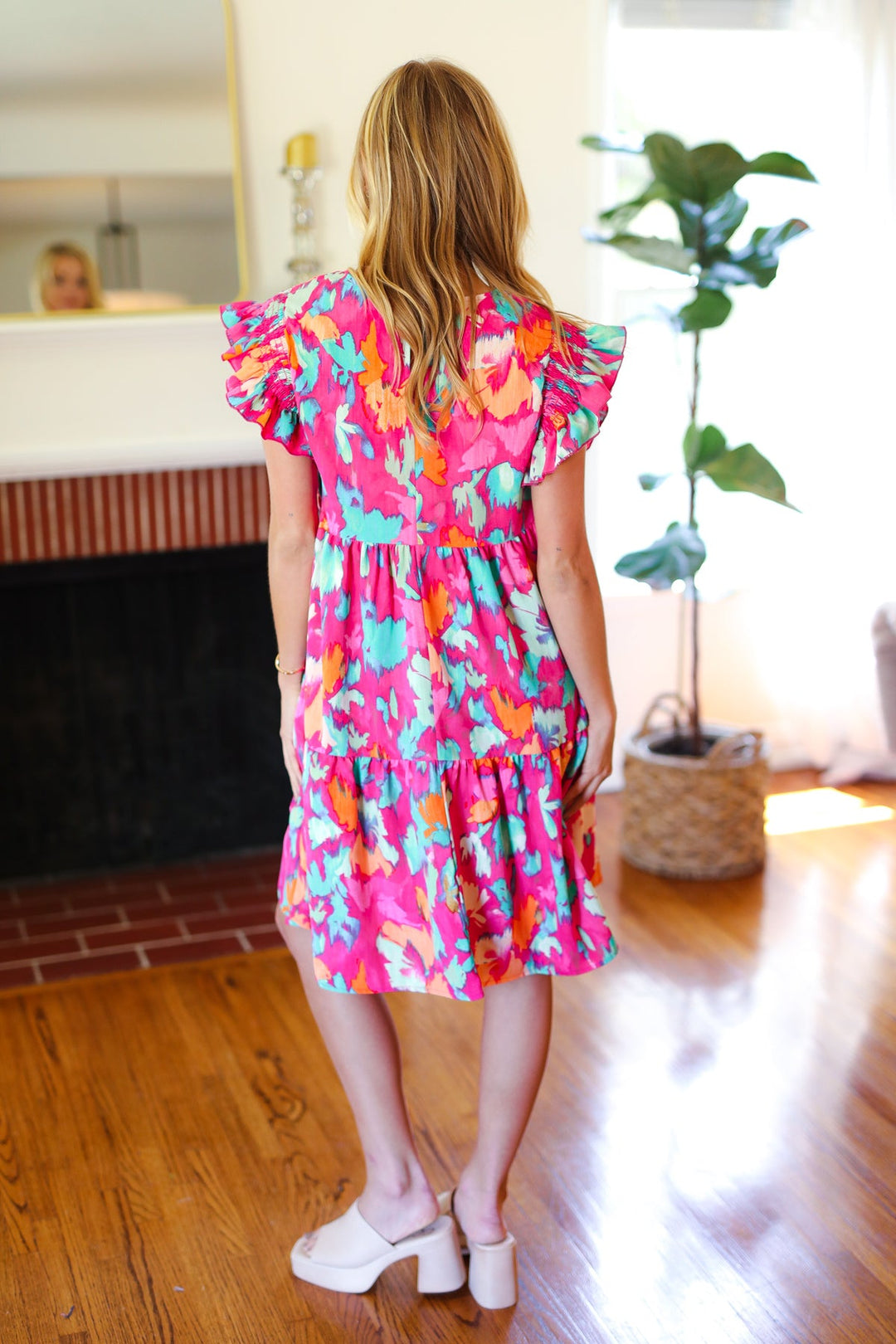 Look of Love Fuchsia Abstract Floral Print Smocked Ruffle Sleeve Dress | Nikki &amp; Co. Boutique