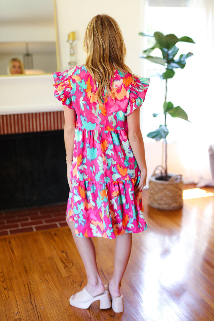 Look of Love Fuchsia Abstract Floral Print Smocked Ruffle Sleeve Dress | Nikki &amp; Co. Boutique