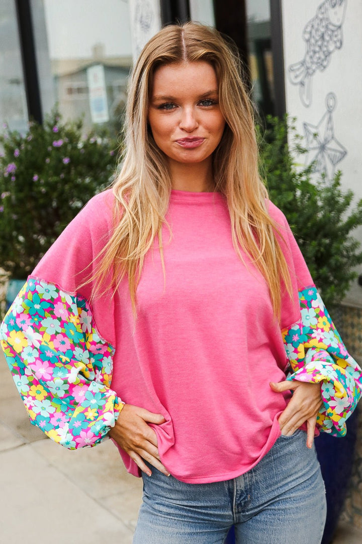 Lock Eyes Pink &amp; Floral Bubble Sleeve French Terry Pullover - Nikki &amp; Co. Boutique