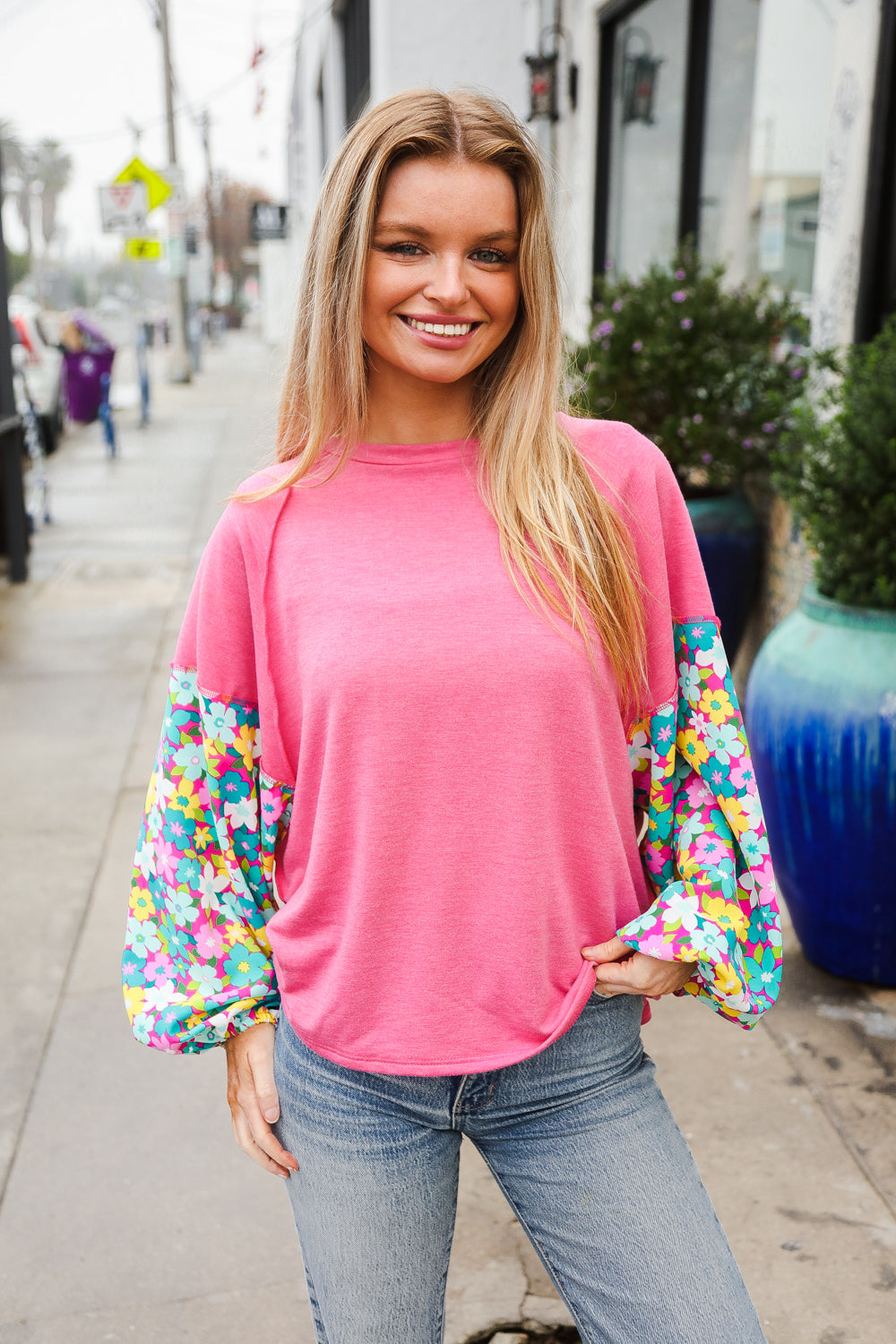 Lock Eyes Pink &amp; Floral Bubble Sleeve French Terry Pullover | Nikki &amp; Co. Boutique