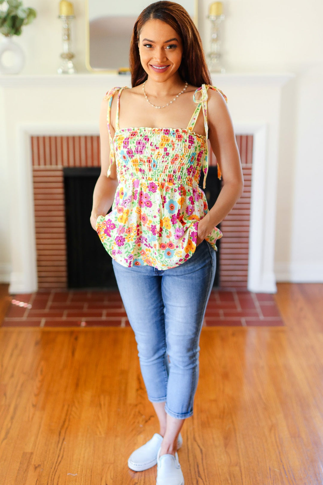 Sunny Days Yellow Floral Smocked Shoulder Tie Tops | Nikki &amp; Co. Boutique