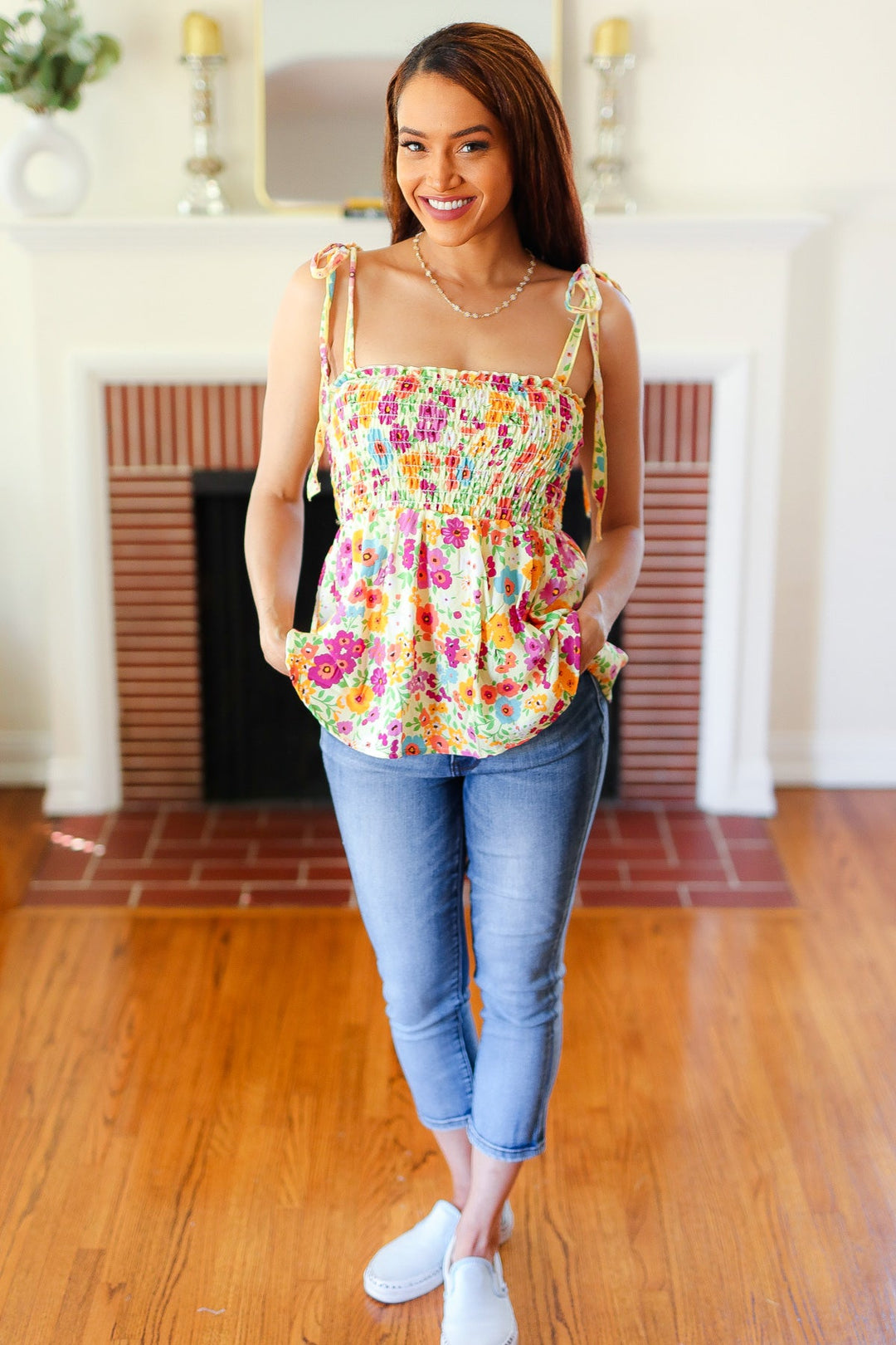 Sunny Days Yellow Floral Smocked Shoulder Tie Tops | Nikki &amp; Co. Boutique