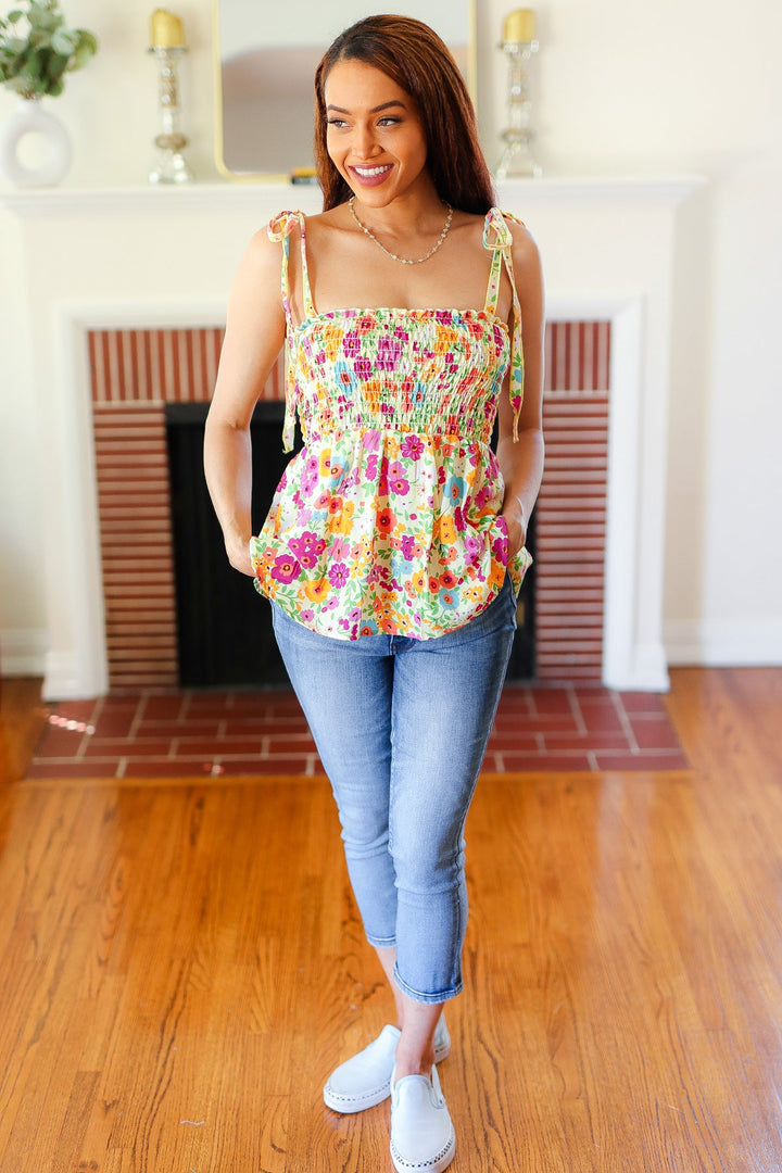 Sunny Days Yellow Floral Smocked Shoulder Tie Tops | Nikki &amp; Co. Boutique