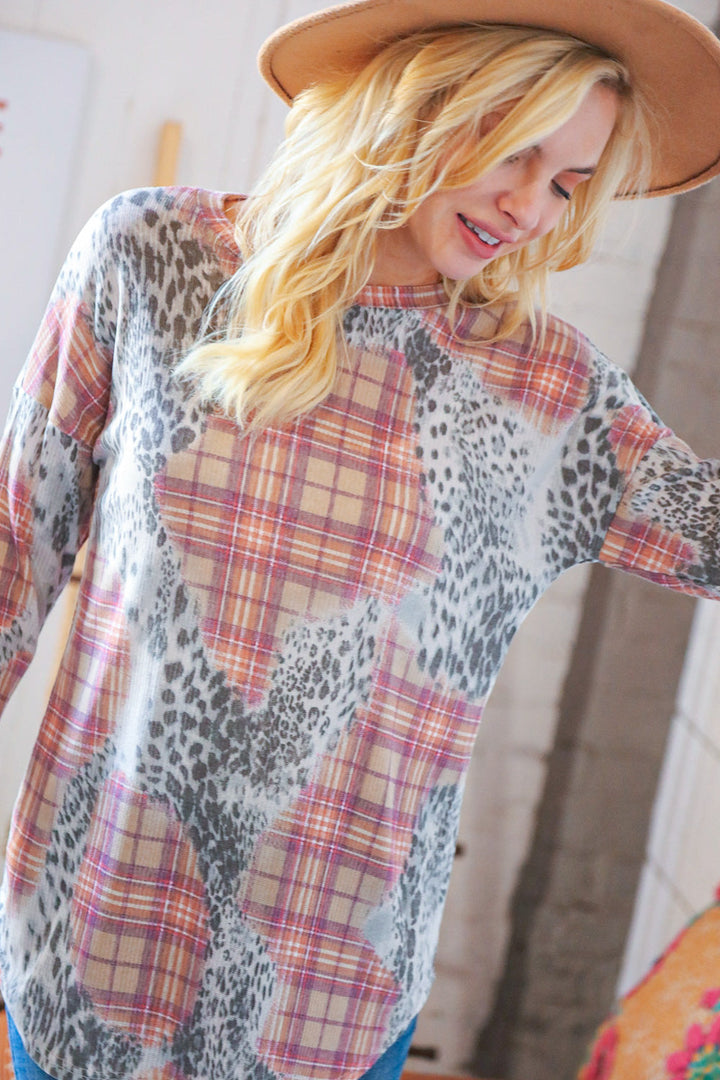 Taupe Leopard Plaid Rib Knit Round Neck Pullover | Nikki &amp; Co. Boutique