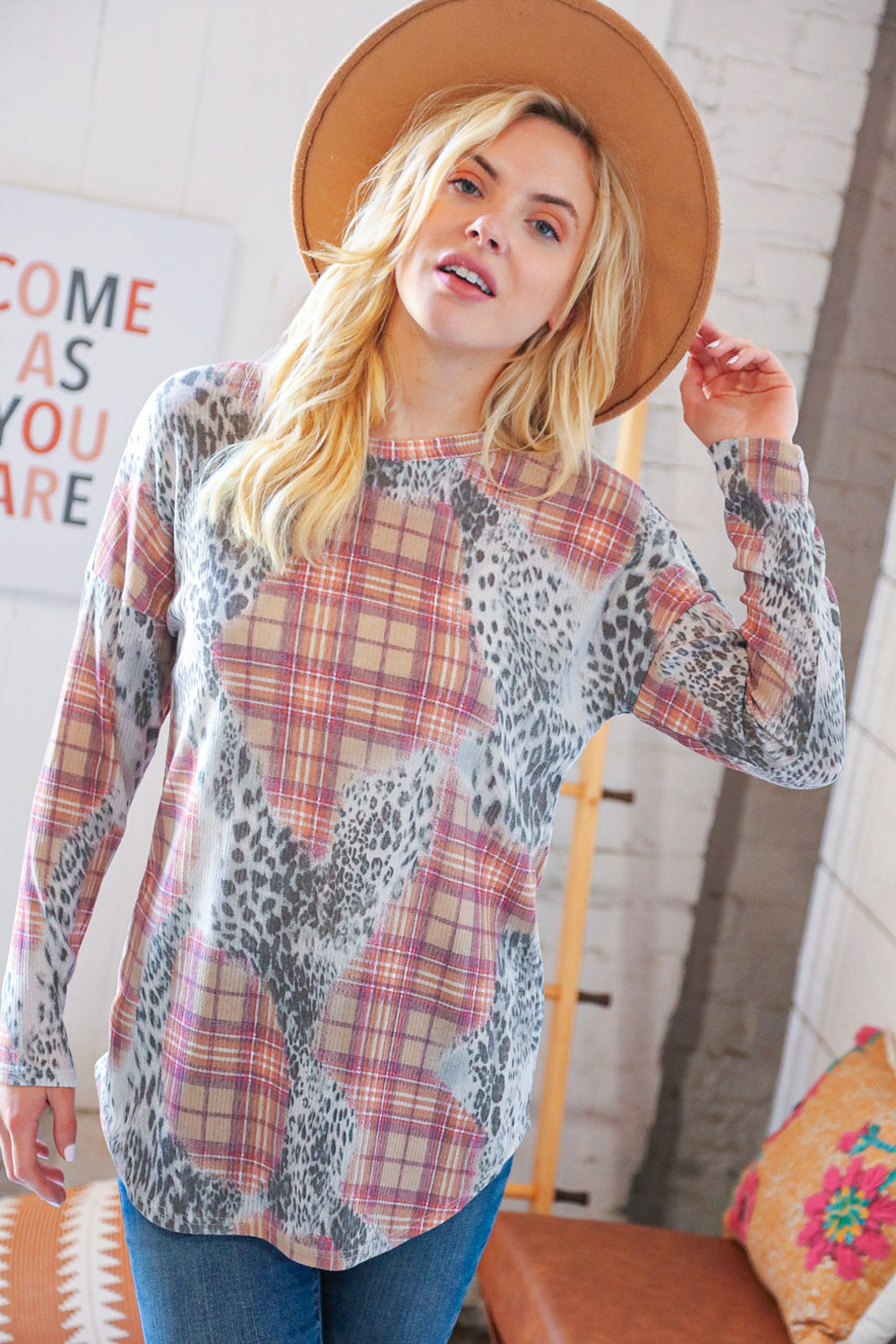 Taupe Leopard Plaid Rib Knit Round Neck Pullover | Nikki &amp; Co. Boutique