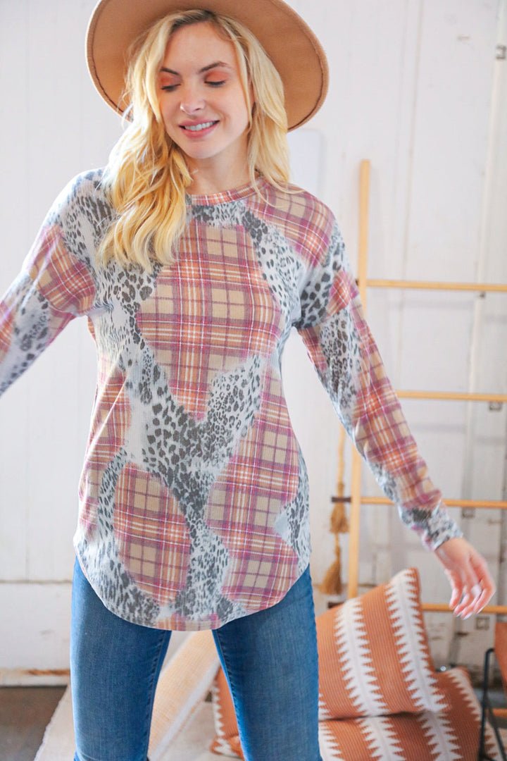 Taupe Leopard Plaid Rib Knit Round Neck Pullover | Nikki &amp; Co. Boutique