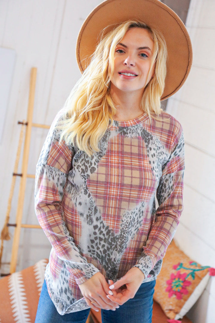 Taupe Leopard Plaid Rib Knit Round Neck Pullover | Nikki &amp; Co. Boutique