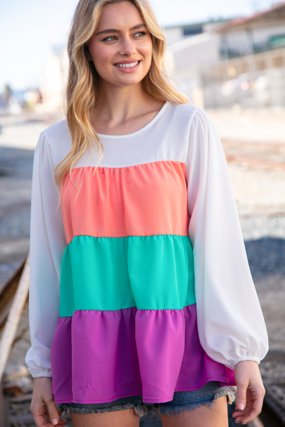 Ivory &amp; Peach Woven Crepe Tiered Blouse | Nikki &amp; Co. Boutique