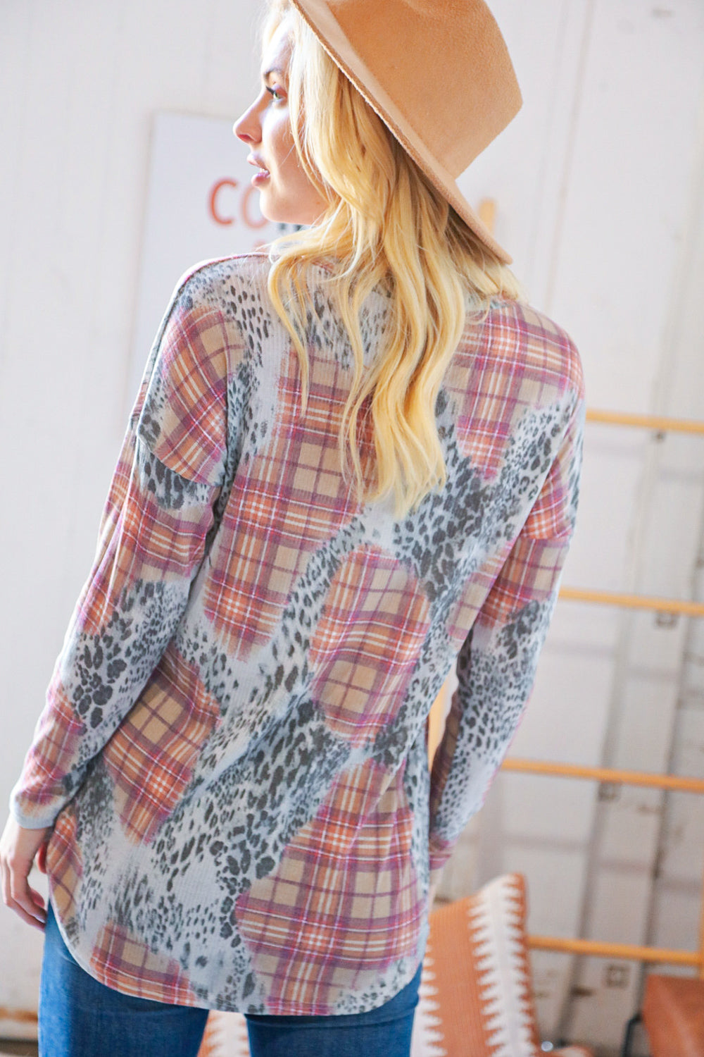 Taupe Leopard Plaid Rib Knit Round Neck Pullover | Nikki &amp; Co. Boutique