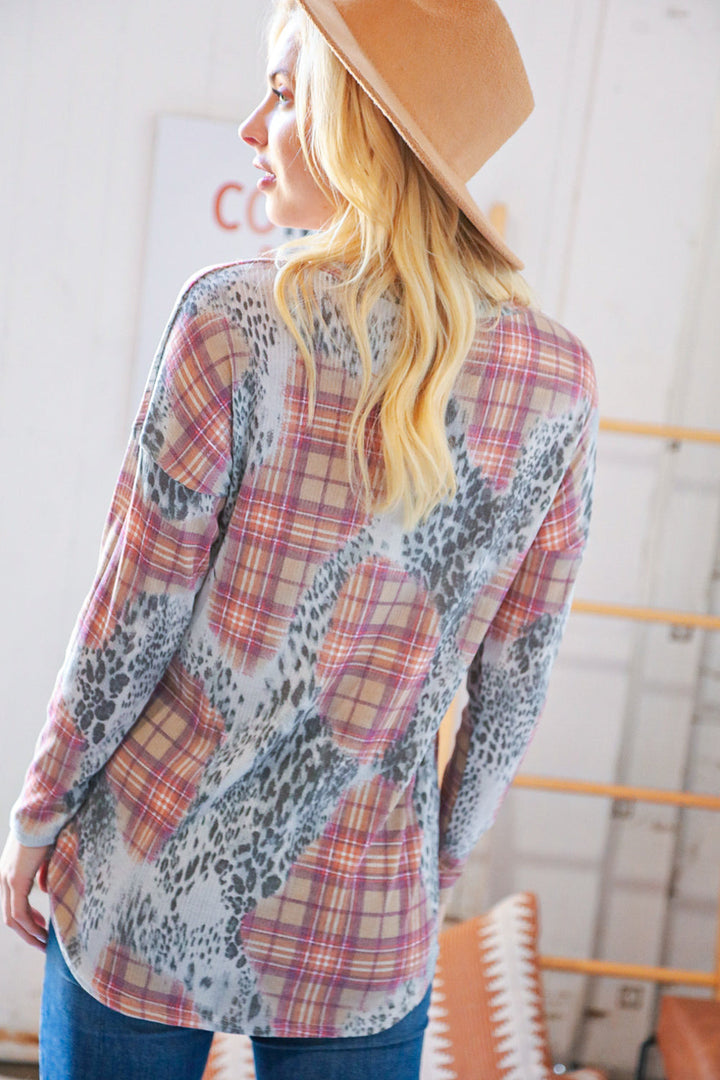 Taupe Leopard Plaid Rib Knit Round Neck Pullover | Nikki &amp; Co. Boutique