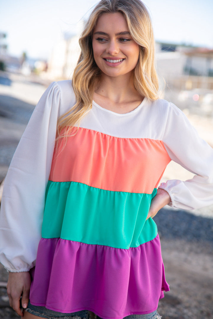 Ivory &amp; Peach Woven Crepe Tiered Blouse | Nikki &amp; Co. Boutique