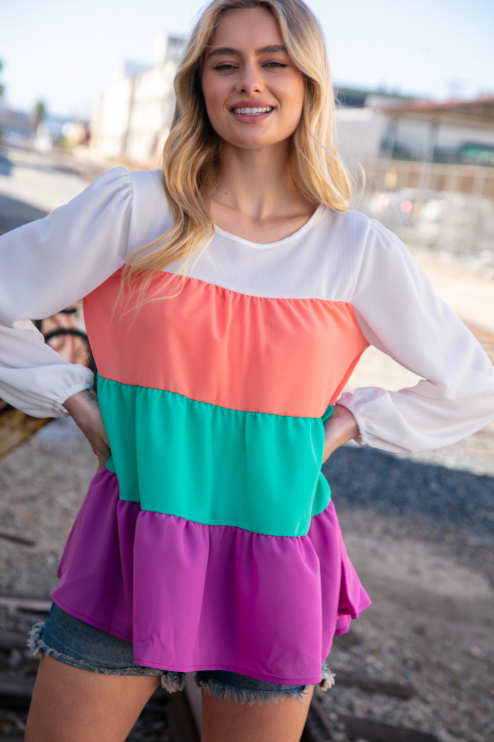 Ivory &amp; Peach Woven Crepe Tiered Blouse | Nikki &amp; Co. Boutique
