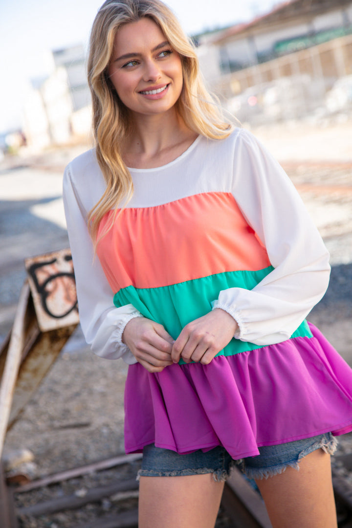 Ivory &amp; Peach Woven Crepe Tiered Blouse | Nikki &amp; Co. Boutique
