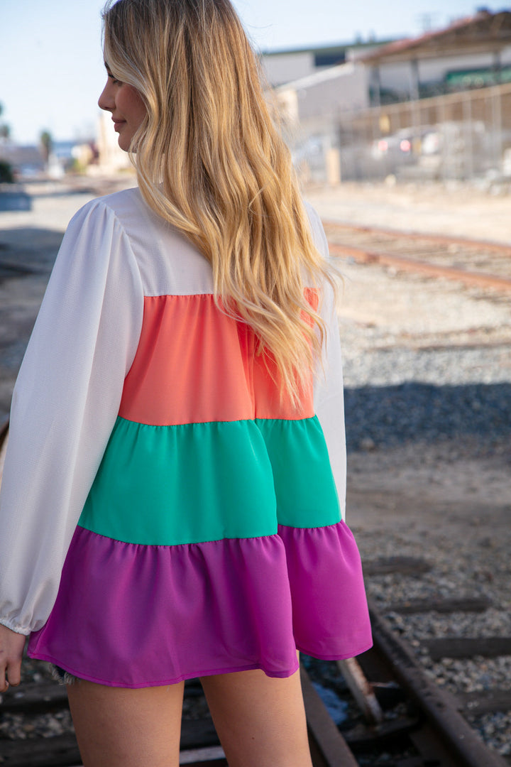 Ivory &amp; Peach Woven Crepe Tiered Blouse | Nikki &amp; Co. Boutique