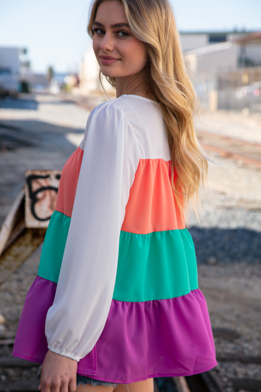 Ivory &amp; Peach Woven Crepe Tiered Blouse | Nikki &amp; Co. Boutique