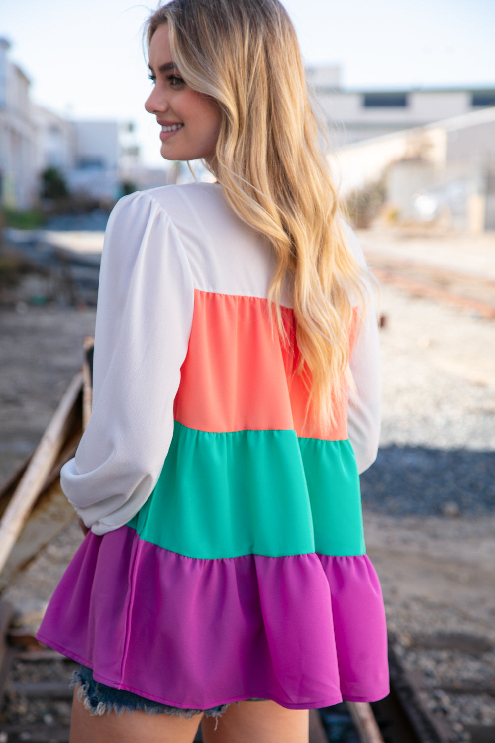 Ivory &amp; Peach Woven Crepe Tiered Blouse | Nikki &amp; Co. Boutique