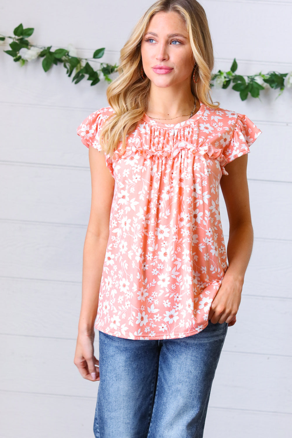 Peach Floral Print Frilled Shorts Sleeve Yoke Tops | Nikki &amp; Co. Boutique