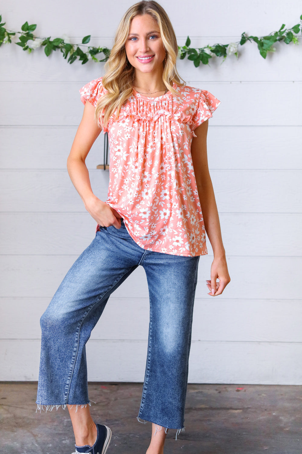 Peach Floral Print Frilled Shorts Sleeve Yoke Tops | Nikki &amp; Co. Boutique