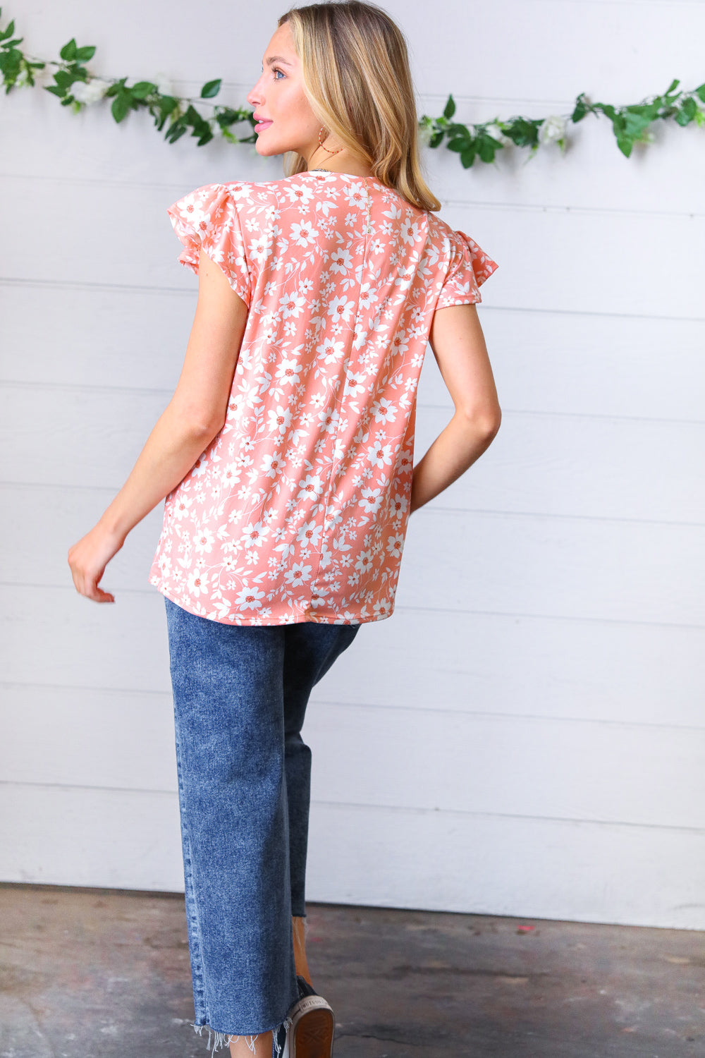Peach Floral Print Frilled Shorts Sleeve Yoke Tops | Nikki &amp; Co. Boutique