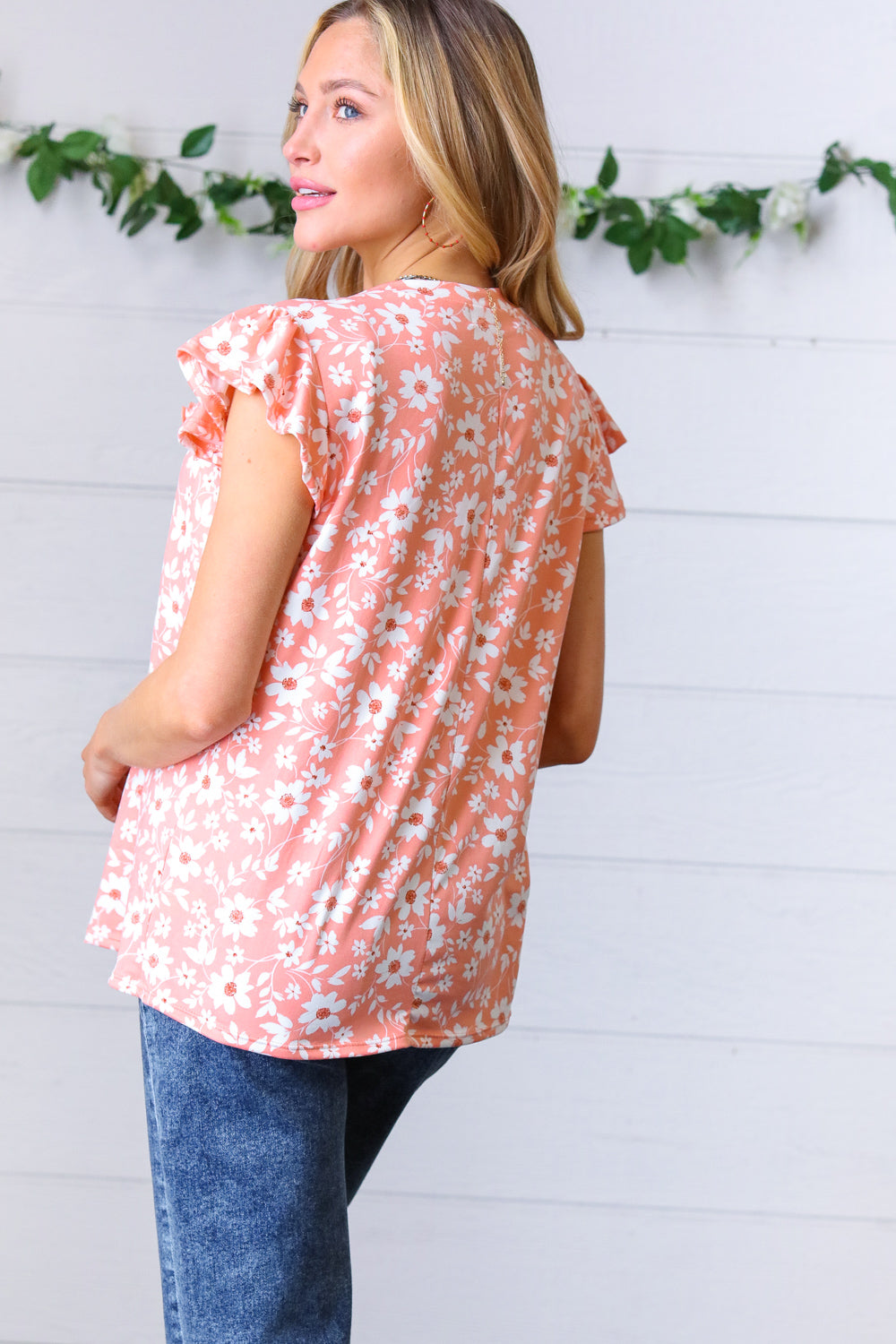 Peach Floral Print Frilled Shorts Sleeve Yoke Tops | Nikki &amp; Co. Boutique