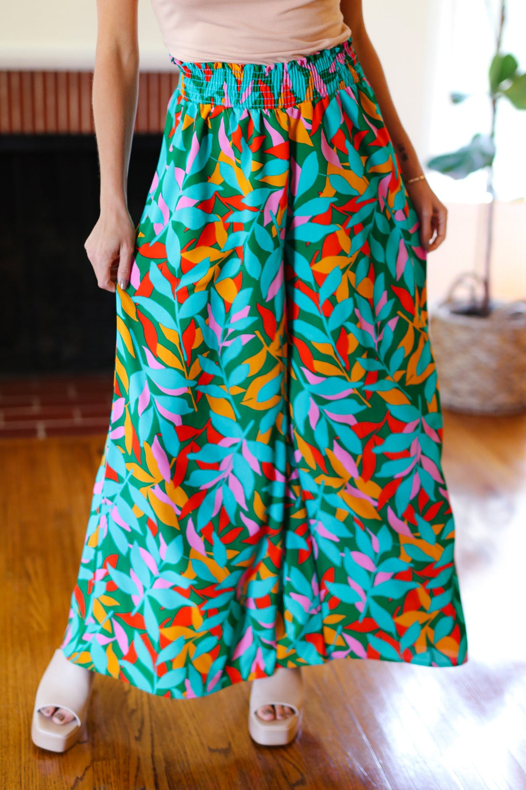 Summer Vibes Green & Orange Abstract Print Smocked Palazzo Pants | Nikki & Co. Boutique