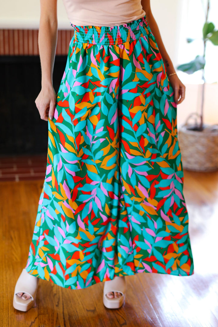 Summer Vibes Green &amp; Orange Abstract Print Smocked Palazzo Pants | Nikki &amp; Co. Boutique