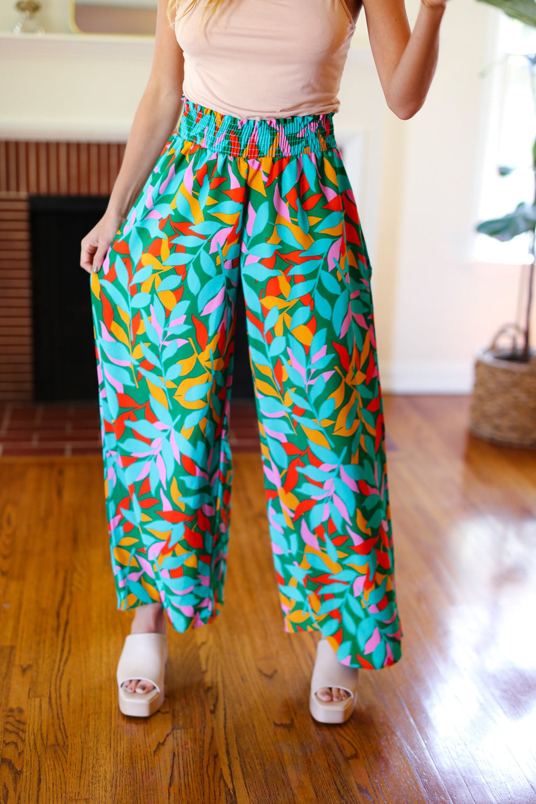 Summer Vibes Green &amp; Orange Abstract Print Smocked Palazzo Pants | Nikki &amp; Co. Boutique
