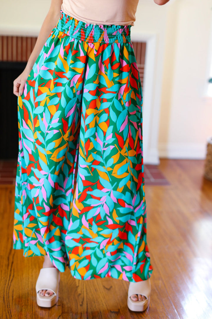 Summer Vibes Green &amp; Orange Abstract Print Smocked Palazzo Pants | Nikki &amp; Co. Boutique