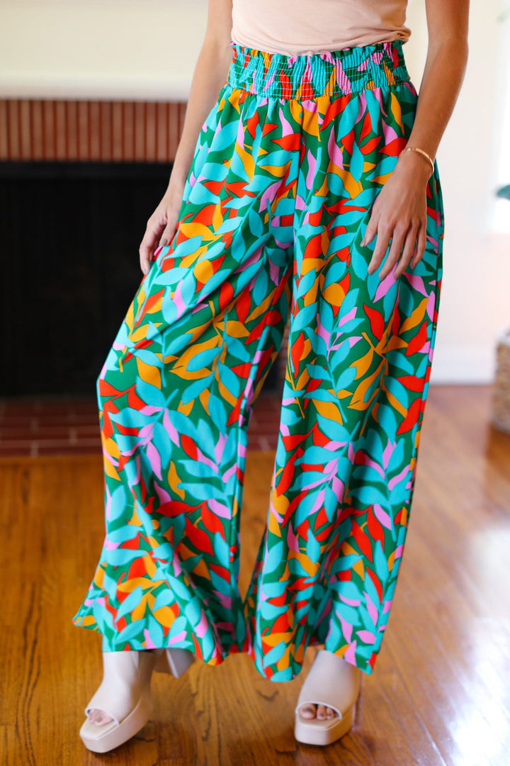 Summer Vibes Green &amp; Orange Abstract Print Smocked Palazzo Pants | Nikki &amp; Co. Boutique