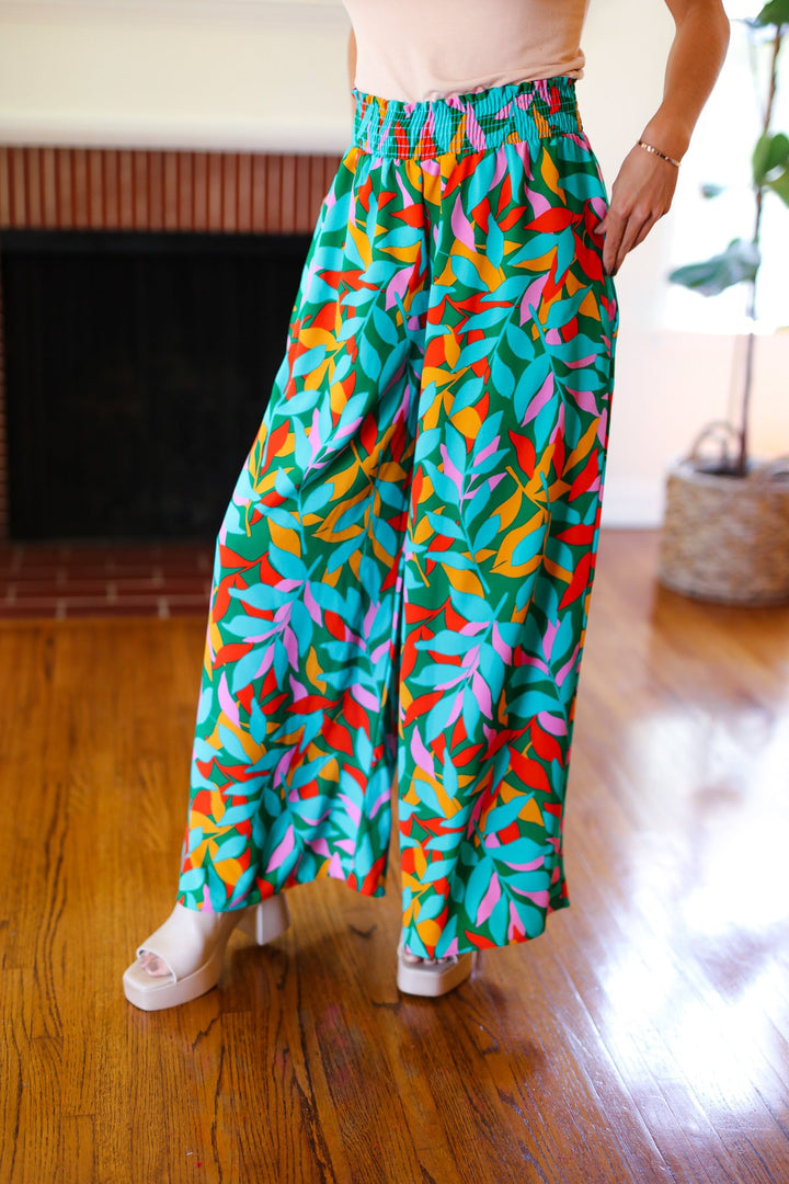 Summer Vibes Green &amp; Orange Abstract Print Smocked Palazzo Pants | Nikki &amp; Co. Boutique