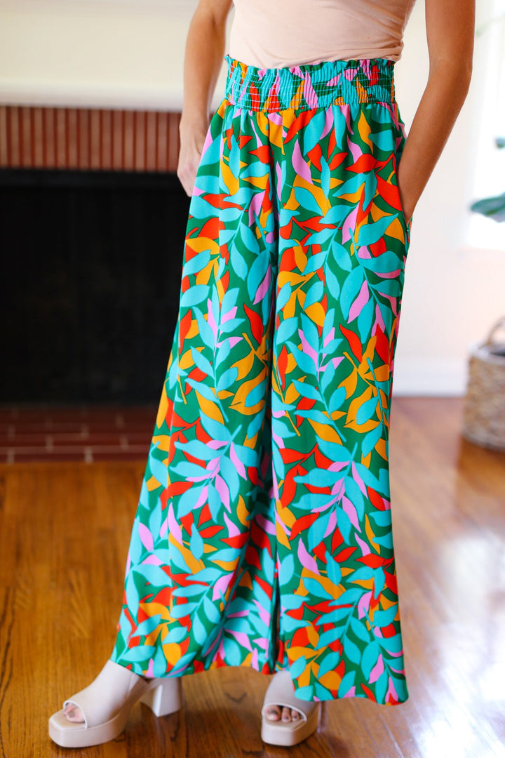 Summer Vibes Green &amp; Orange Abstract Print Smocked Palazzo Pants | Nikki &amp; Co. Boutique