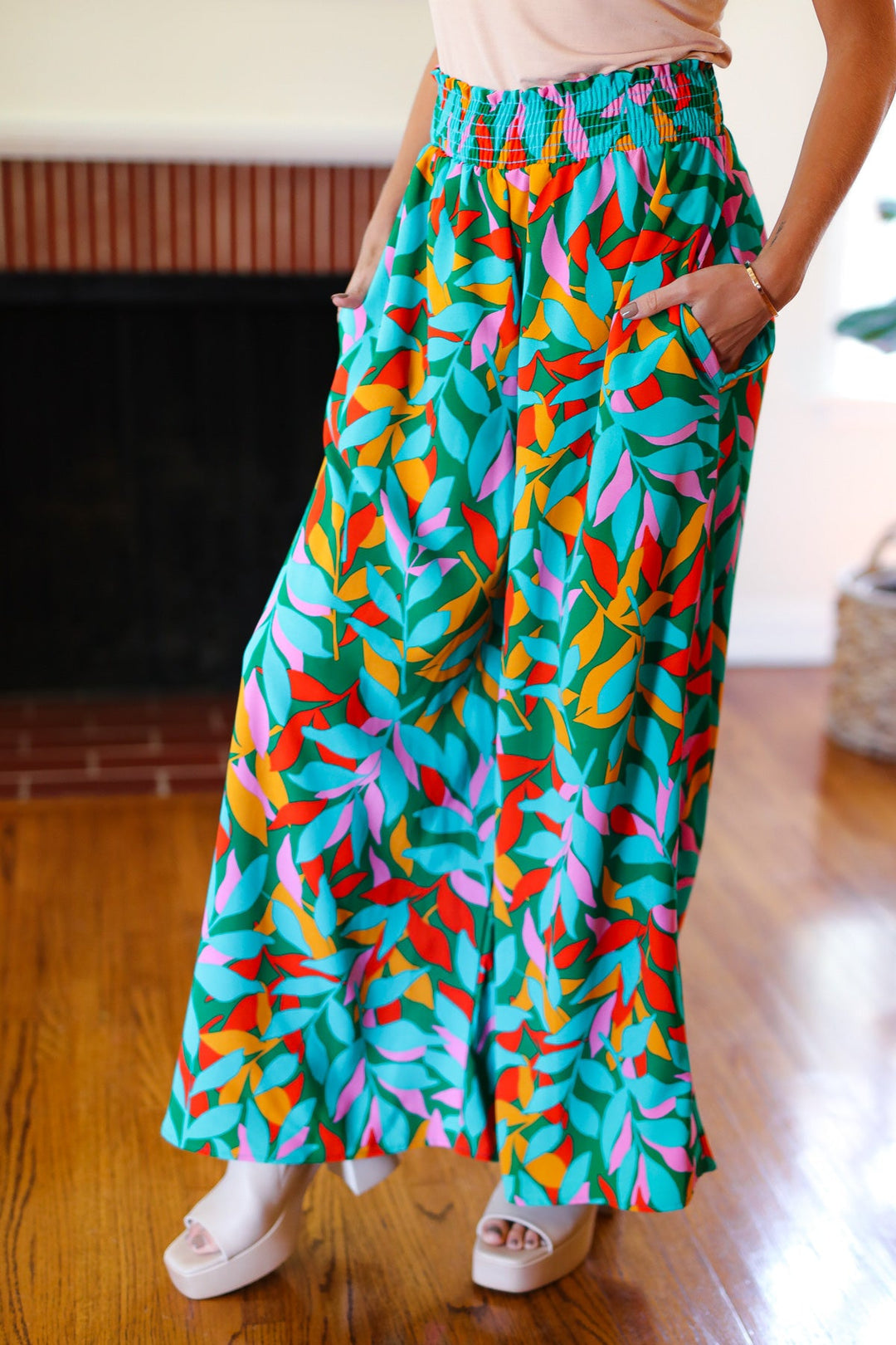 Summer Vibes Green &amp; Orange Abstract Print Smocked Palazzo Pants | Nikki &amp; Co. Boutique